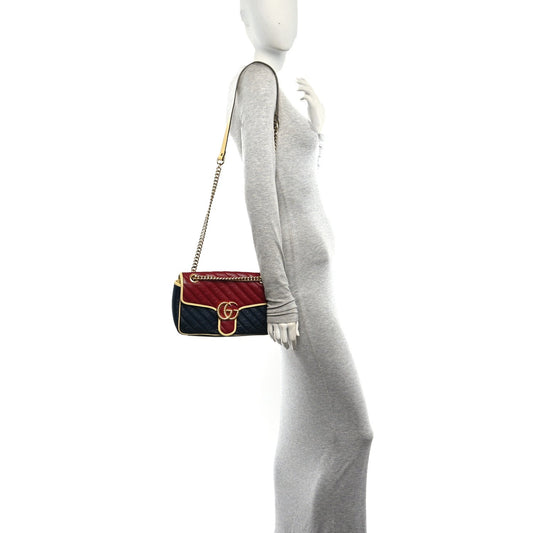 Azalea Calfskin Matelasse Diagonal Small Torchon GG Marmont Shoulder Bag Blue Agata New Cherry Red Butter