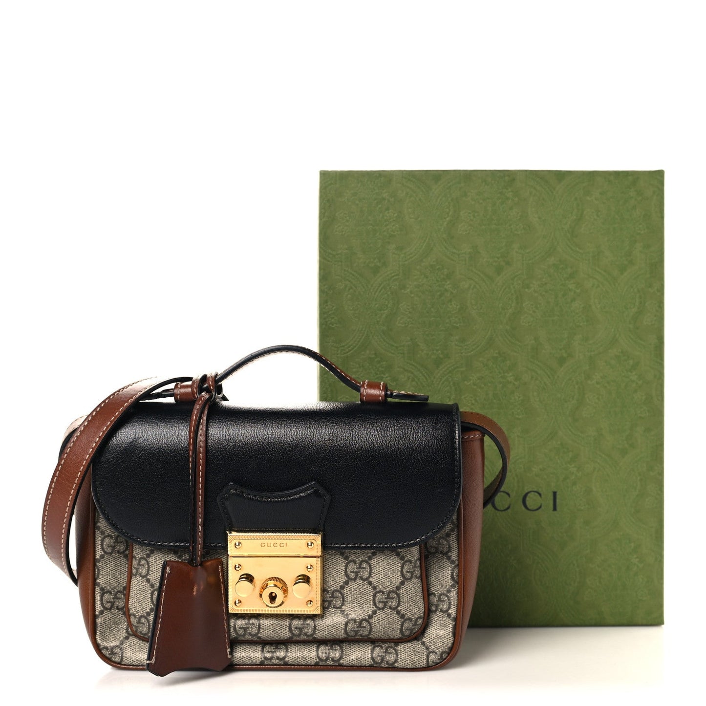 GG Supreme Monogram New Sakai Lux Calfskin Mini Padlock Flap Pocket Shoulder Bag Beige Ebony Black Cuir