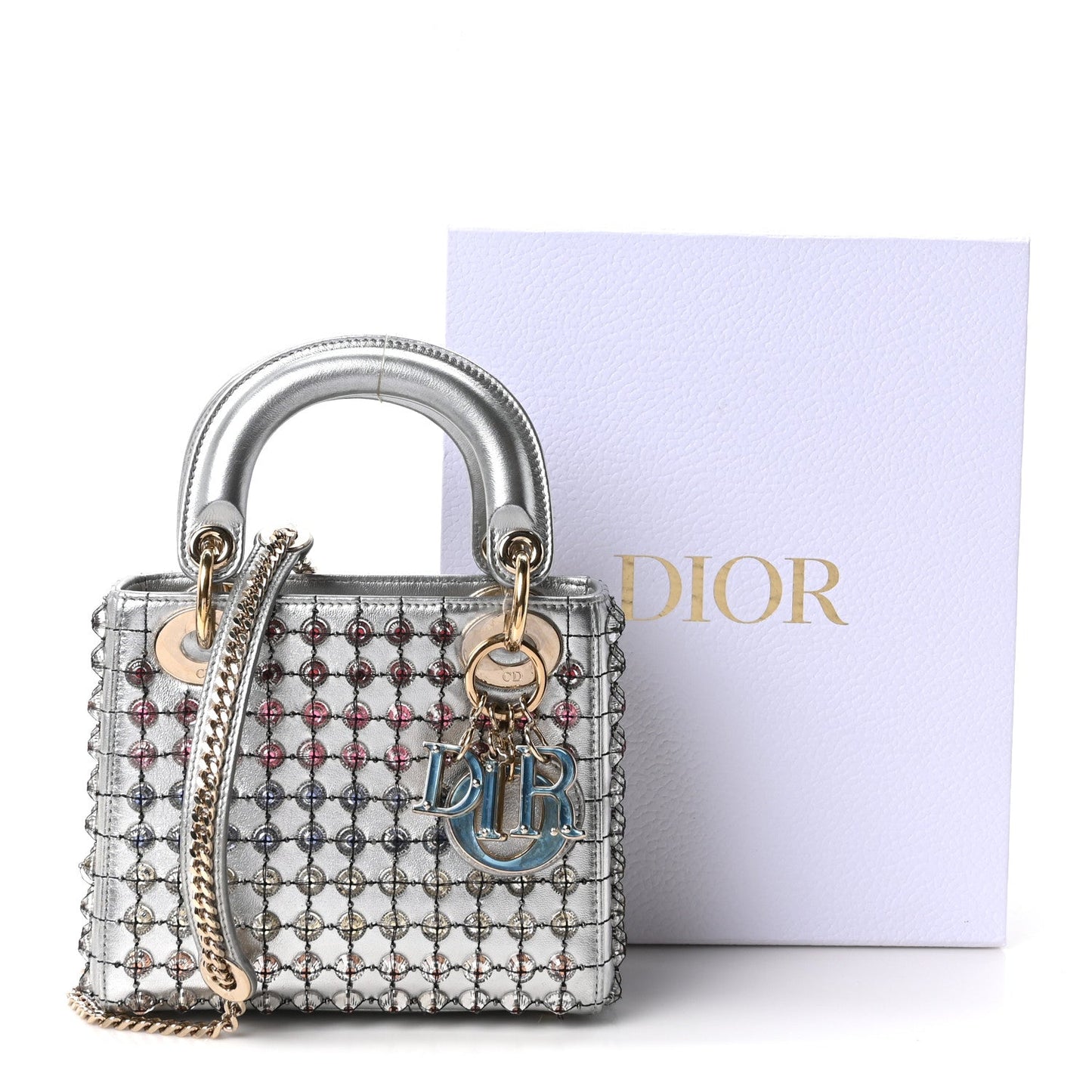 Metallic Calfskin Satin Celestial Bead Embroidery Cannage Mini Lady Dior Silver