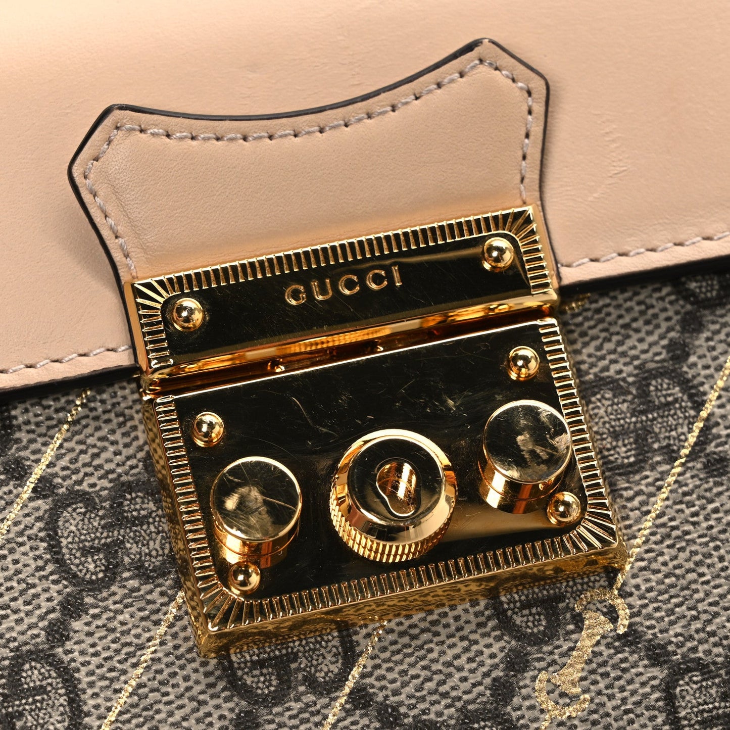 GG Supreme Monogram Calfskin Horsebit Print Mini Padlock Top Handle Shoulder Bag Beige Ebony Light Pink