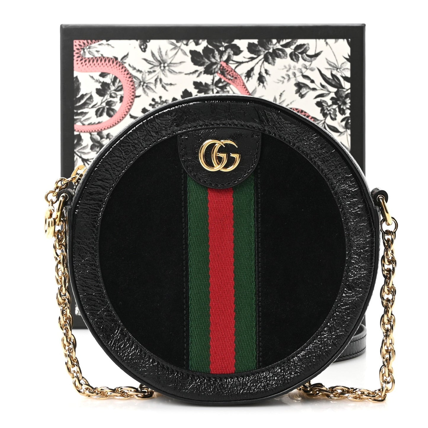 Suede Patent Web Mini Ophidia Round Shoulder Bag Black
