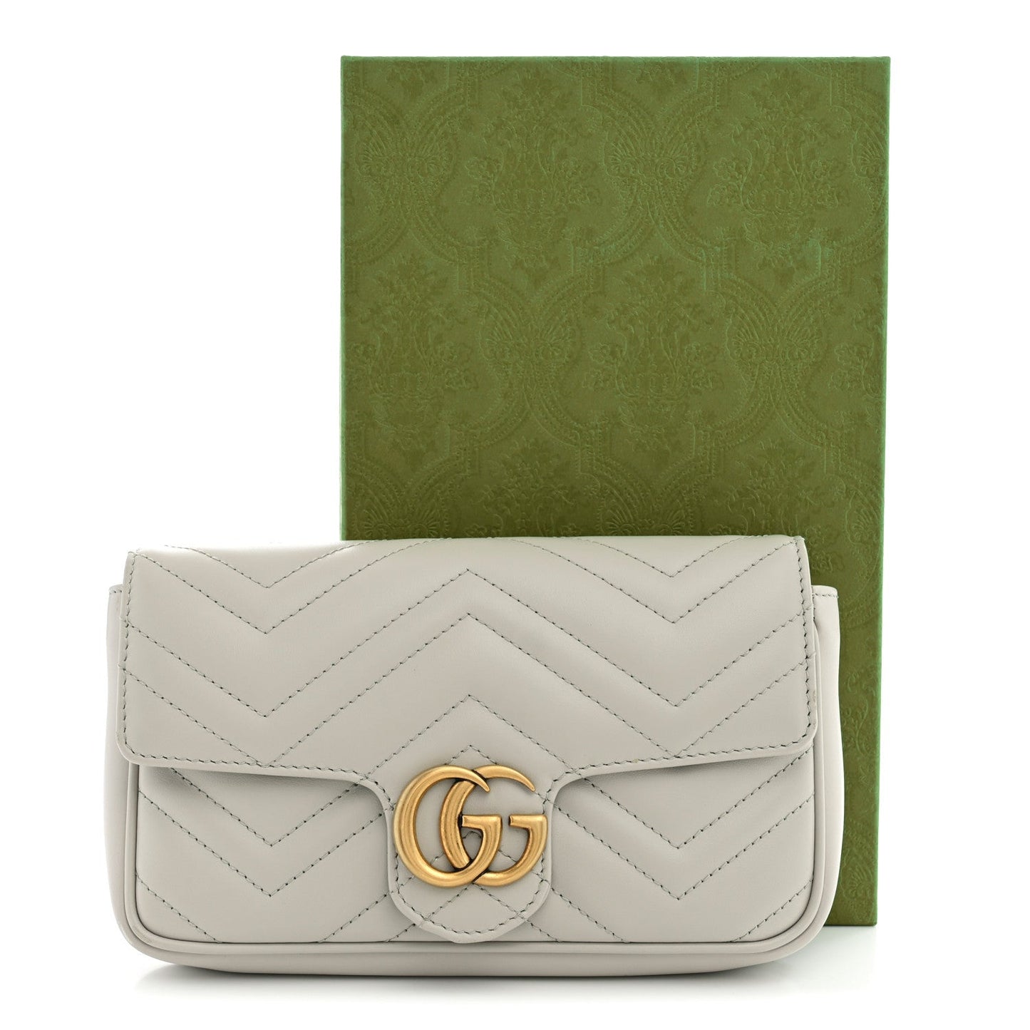Calfskin Matelasse Mini GG Marmont Shoulder Bag With Card Holder Light Grey Salvy Green