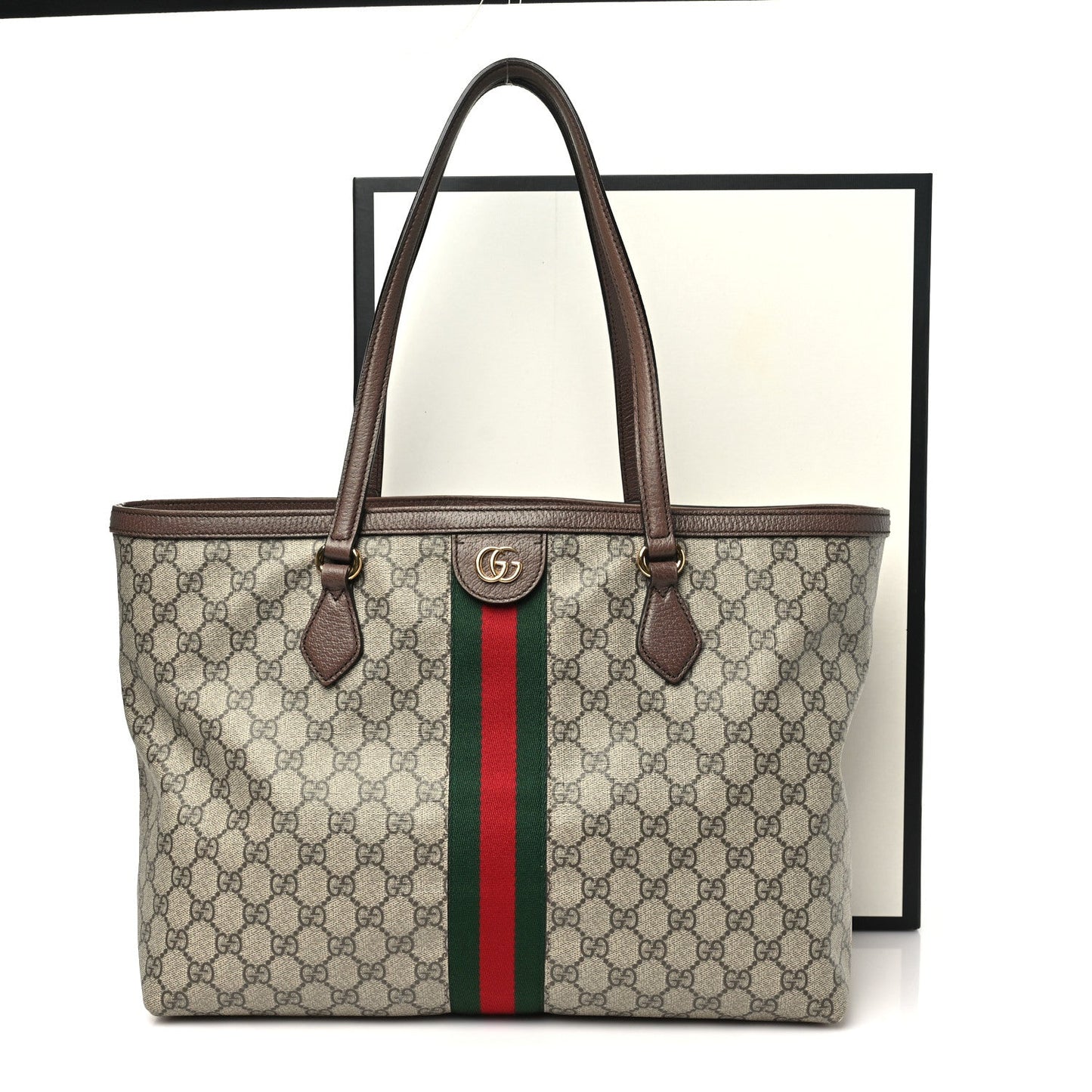 GG Supreme Monogram Textured Calfskin Web Medium Ophidia Shopping Tote Beige Ebony New Acero