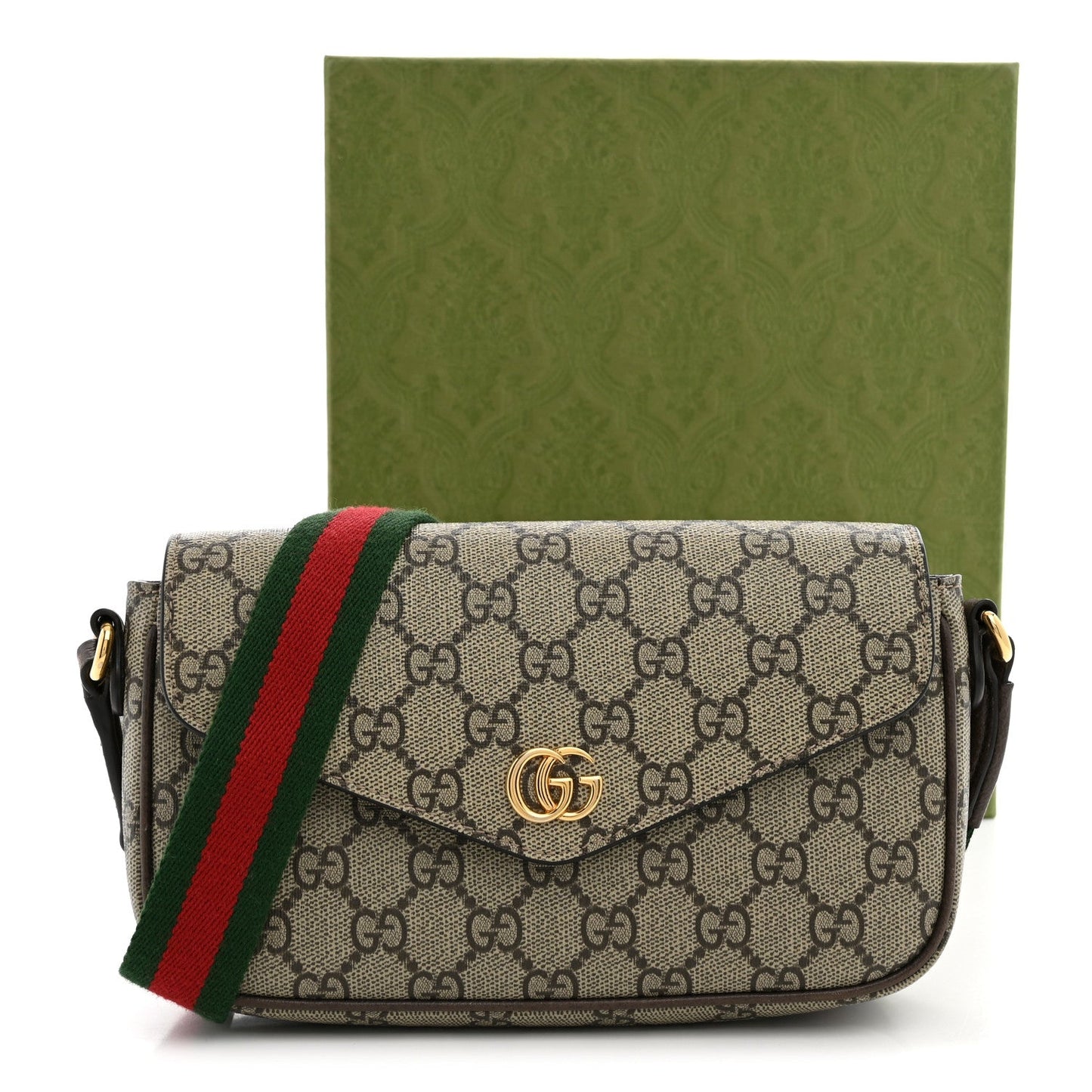 GG Supreme Monogram Textured Dollar Calfskin Web Mini Ophidia Envelope Shoulder Bag Beige Ebony
