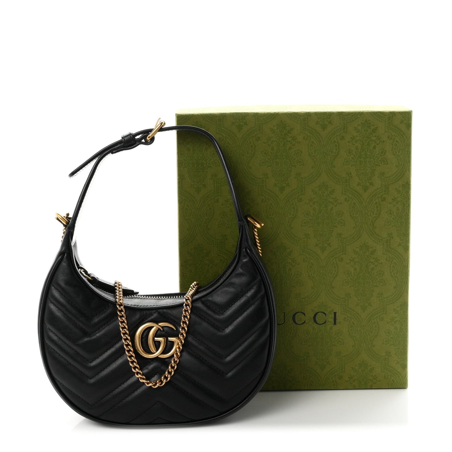 Calfskin Matelasse Chevron Mini GG Marmont Half Moon Hobo Black