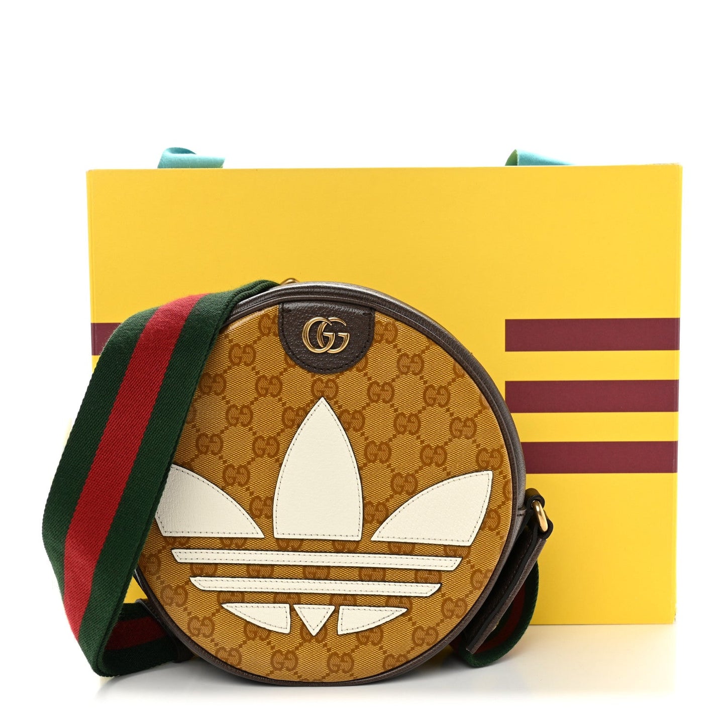 X ADIDAS Crystal Vintage Monogram Textured Dollar Calfskin Web Trefoil Small Ophidia Round Shoulder Bag Mid Natural Nut Off White New Acero