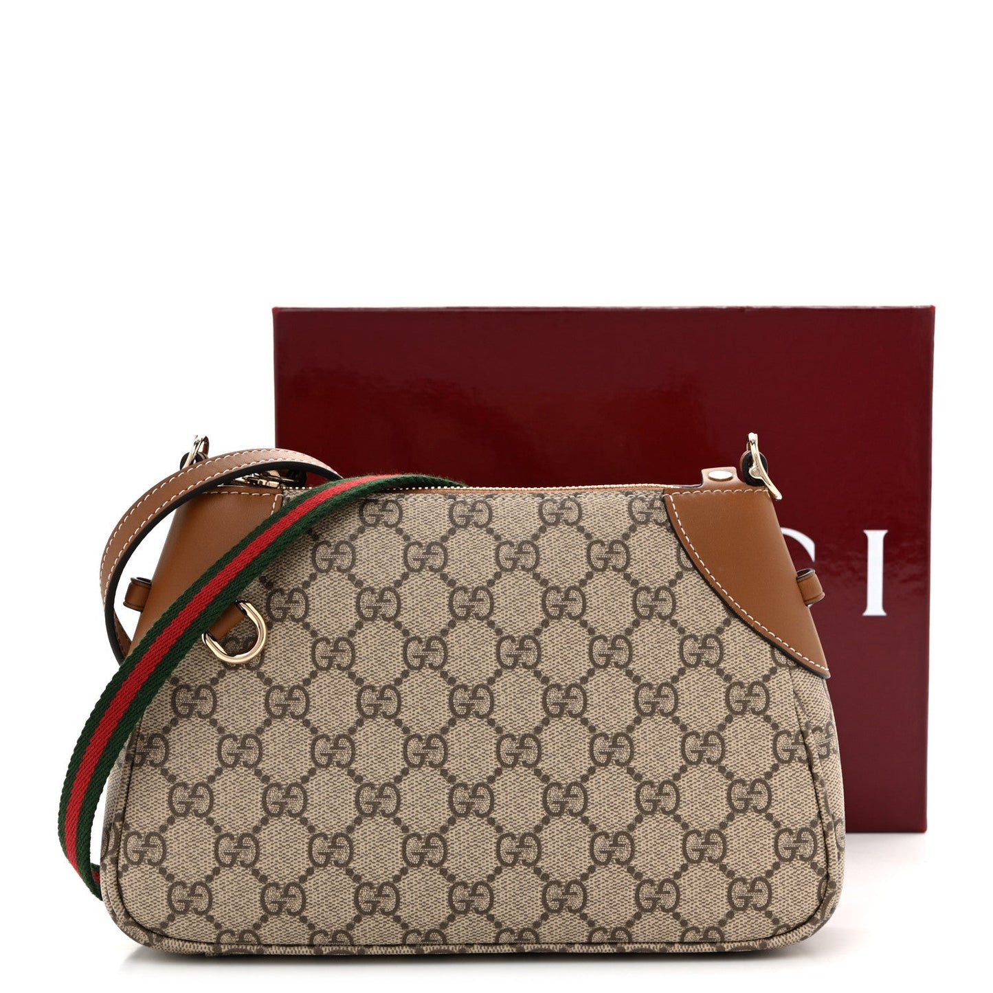 GG Supreme Monogram Textured Calfskin Small Emblem Shoulder Bag Beige Dark Brown