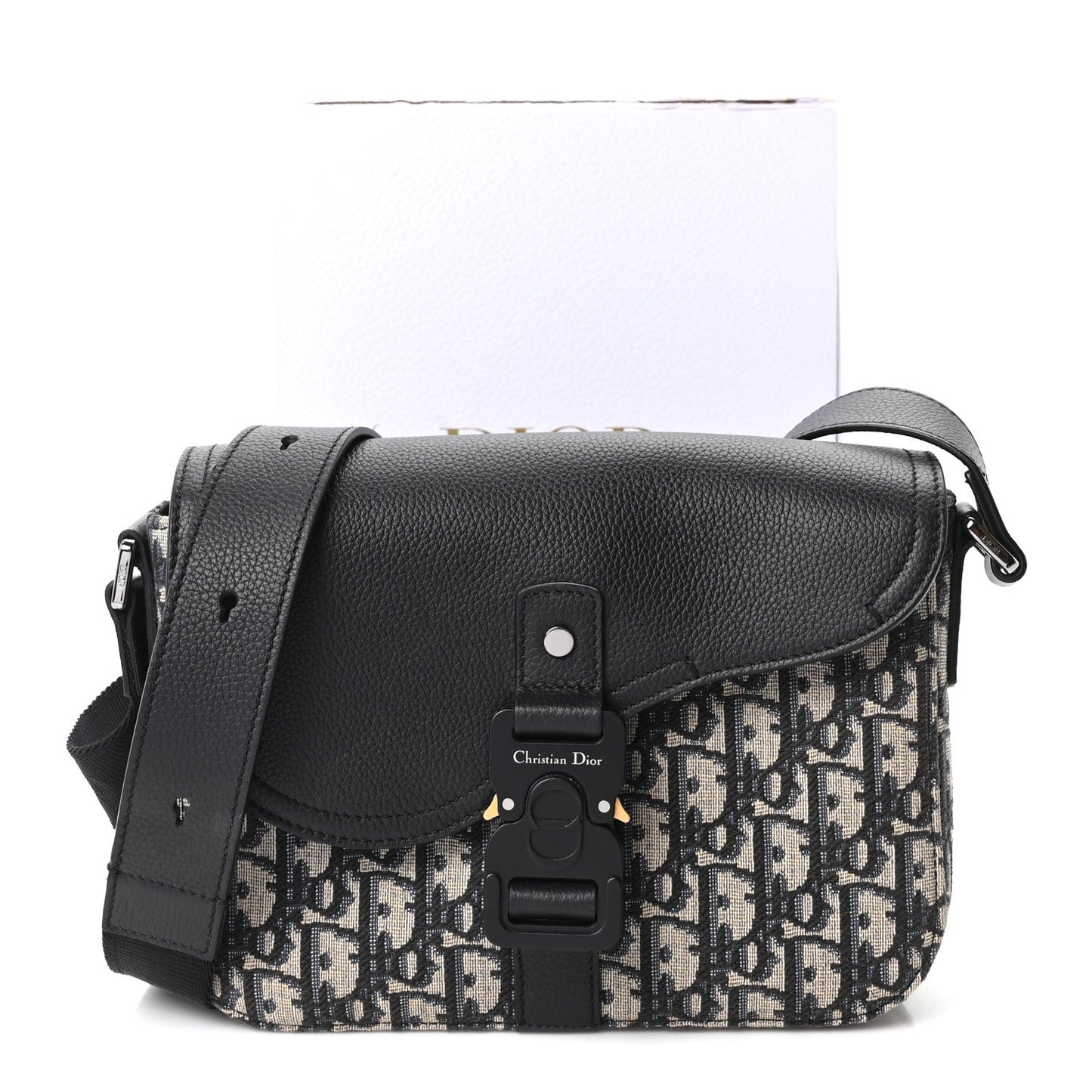 Oblique Jacquard Grained Calfskin Small Saddle Messenger Bag Beige Black