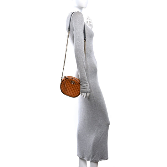 Azalea Calfskin Matelasse Diagonal Mini Torchon GG Marmont Round Shoulder Bag Cognac Black
