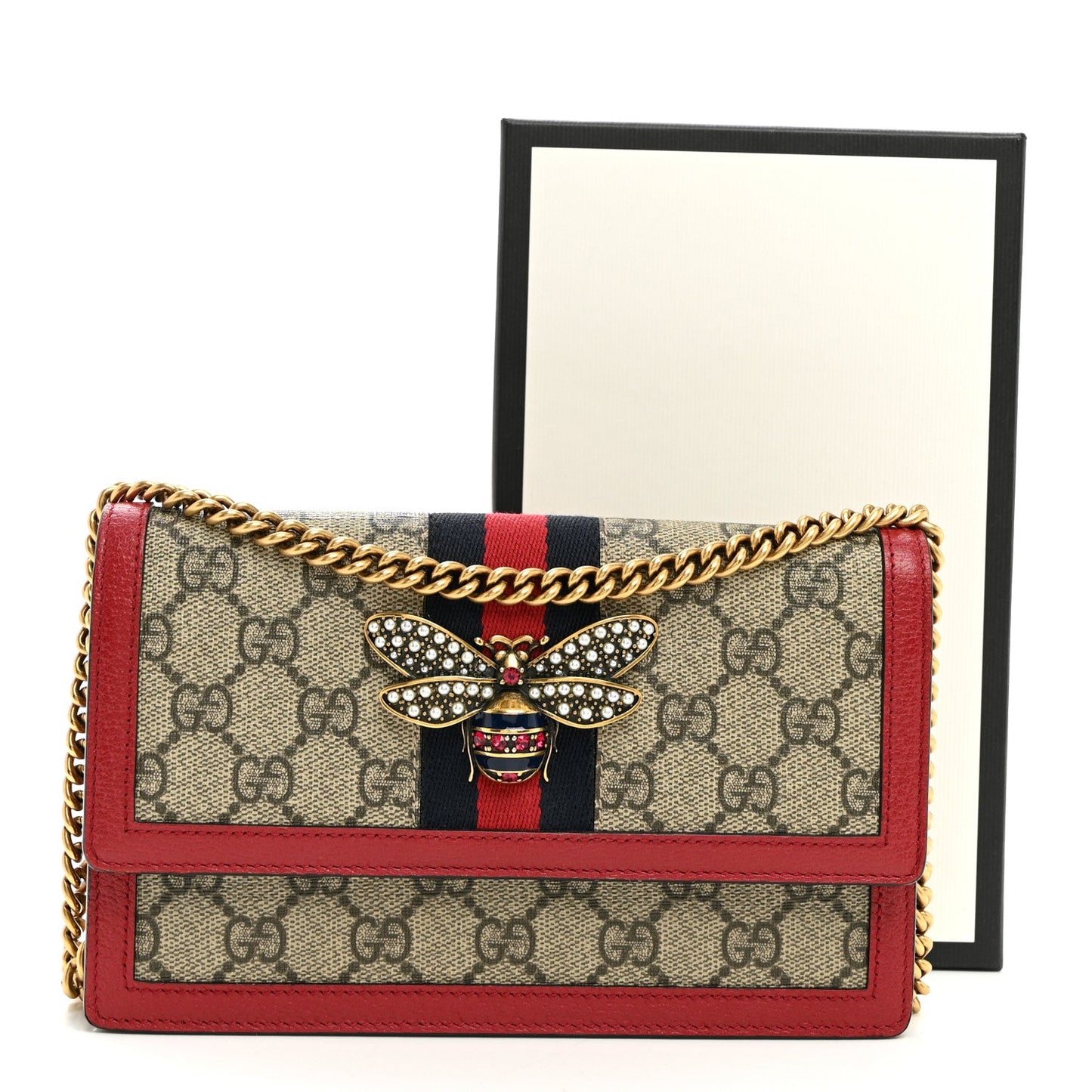 GG Supreme Monogram Web Queen Margaret Chain Wallet Red