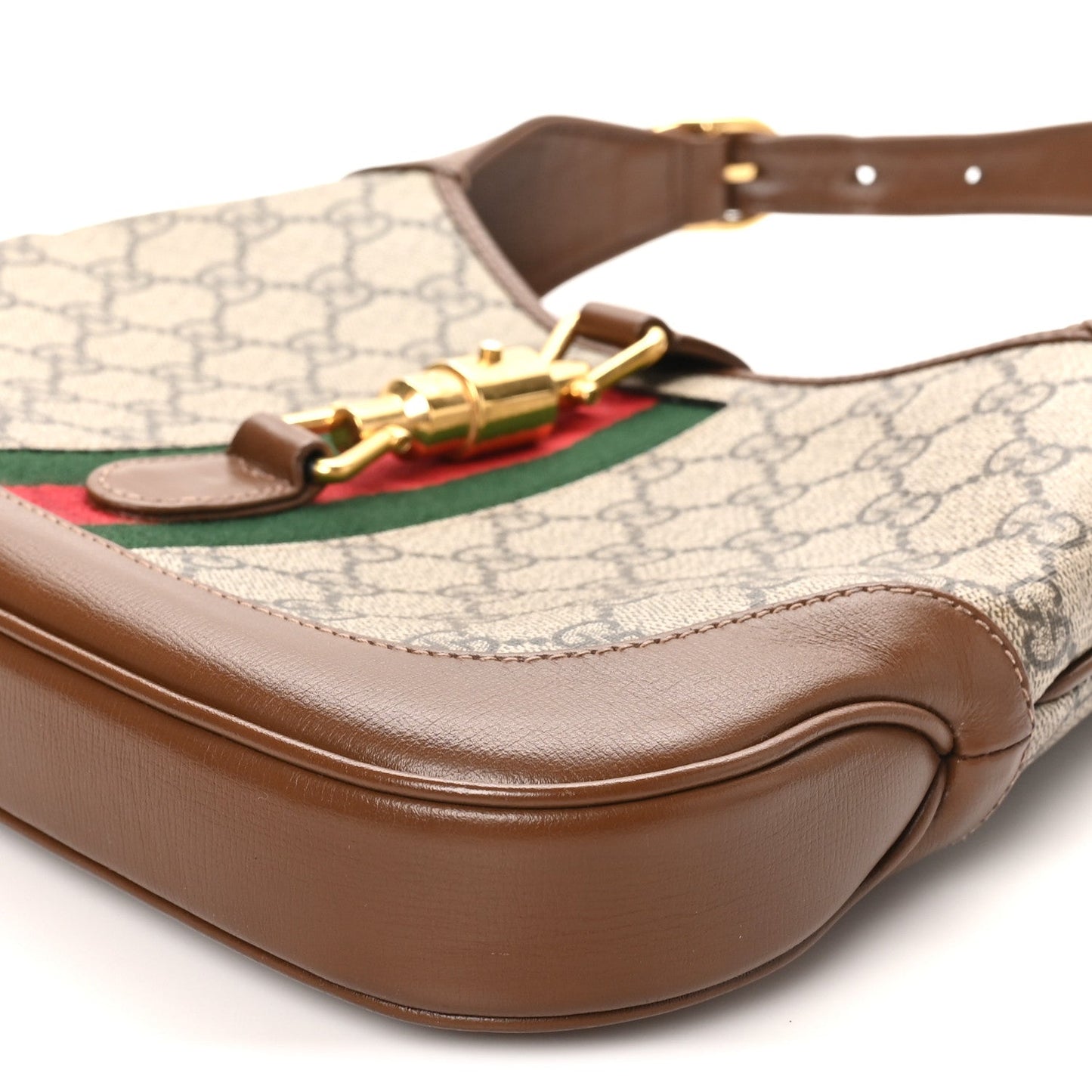GG Supreme Monogram Azalea Calfskin Web Small Jackie 1961 Hobo Beige Ebony Brown Sugar