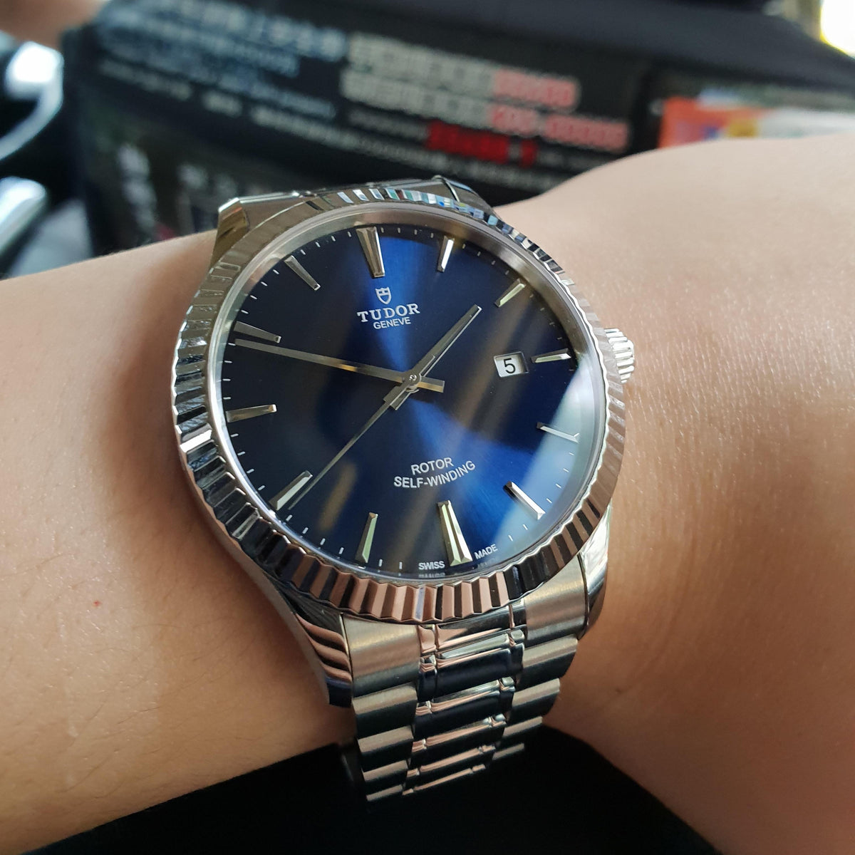 Tudor Style Automatic Blue Dial Silver Steel Strap Watch for Men - M12710-0013