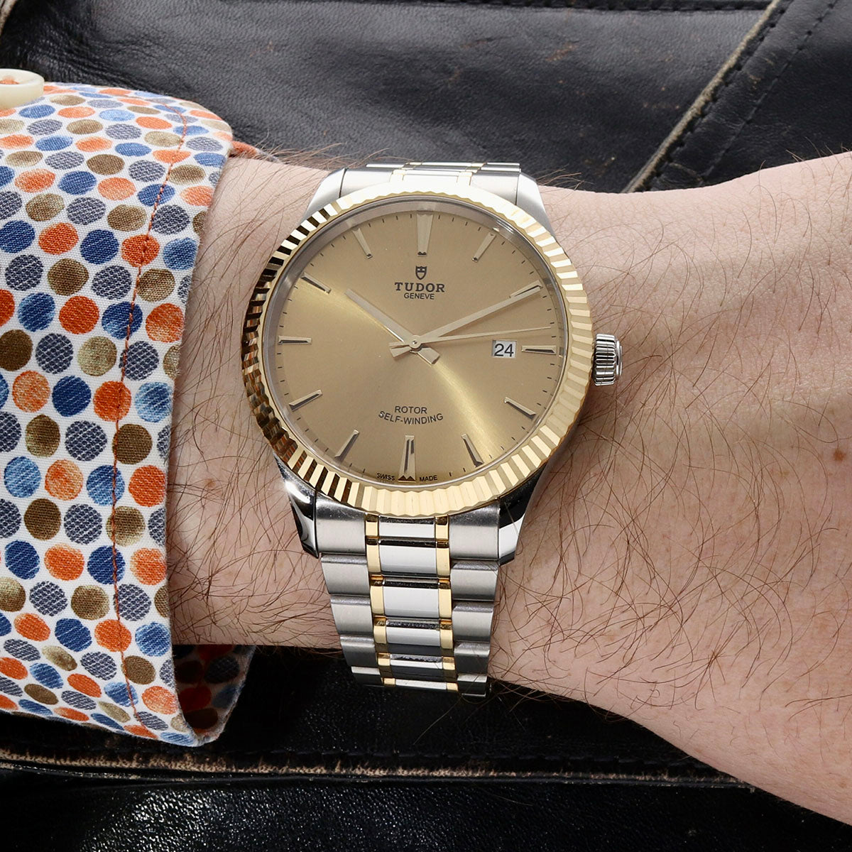 Tudor Style Automatic Diamonds Gold Dial Two Tone Steel Strap Watch for Men - M12713-0007