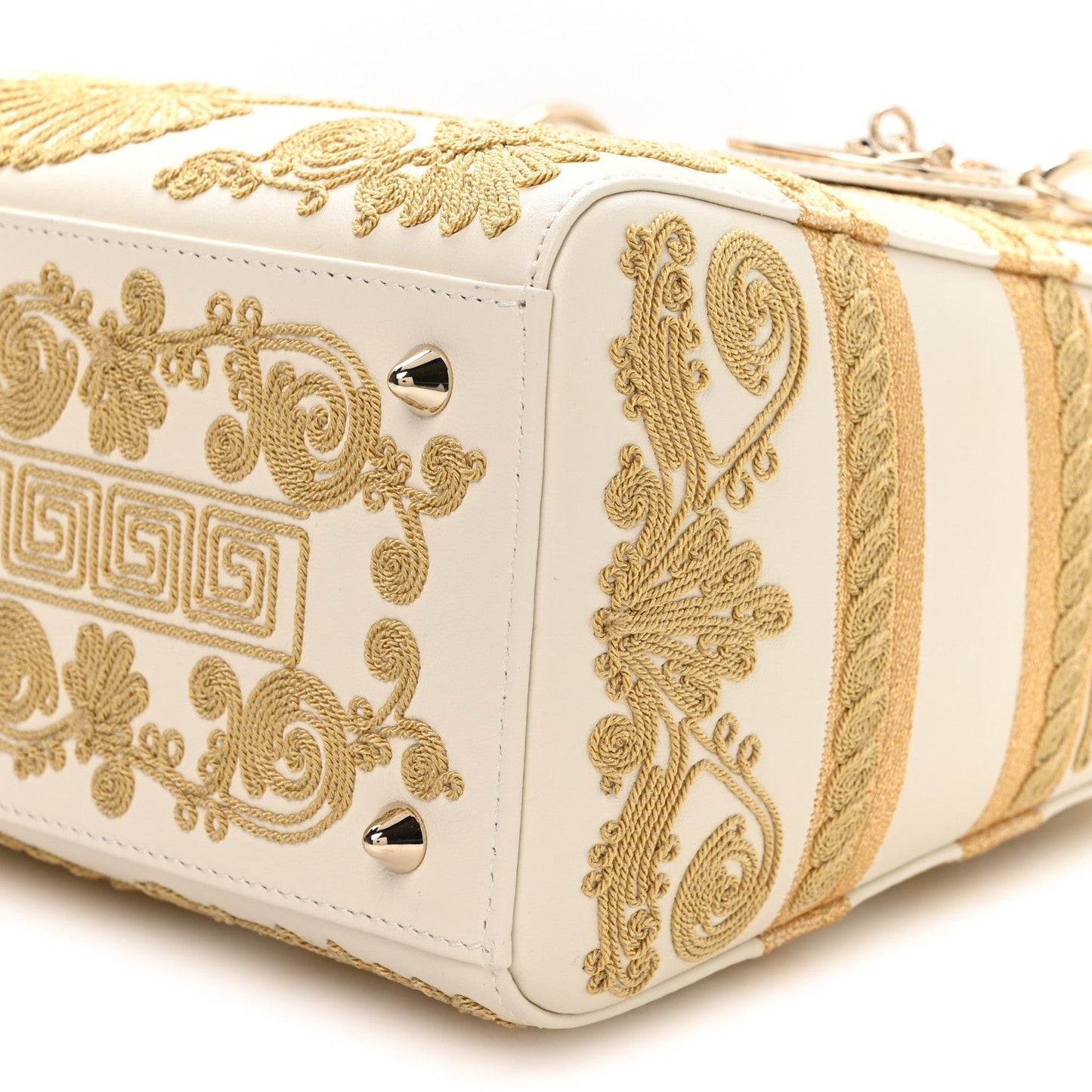 Calfskin Embroidered Medium Lady D-Lite White Gold