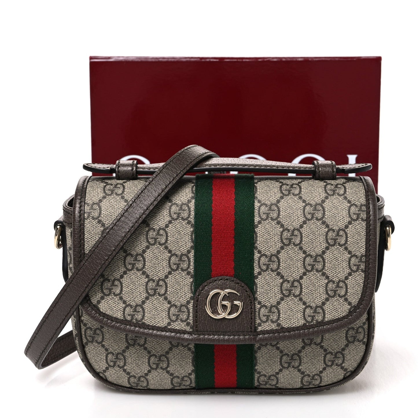 GG Supreme Monogram Textured Dollar Calfskin Small Ophidia Top Handle Shoulder Bag Beige Brown