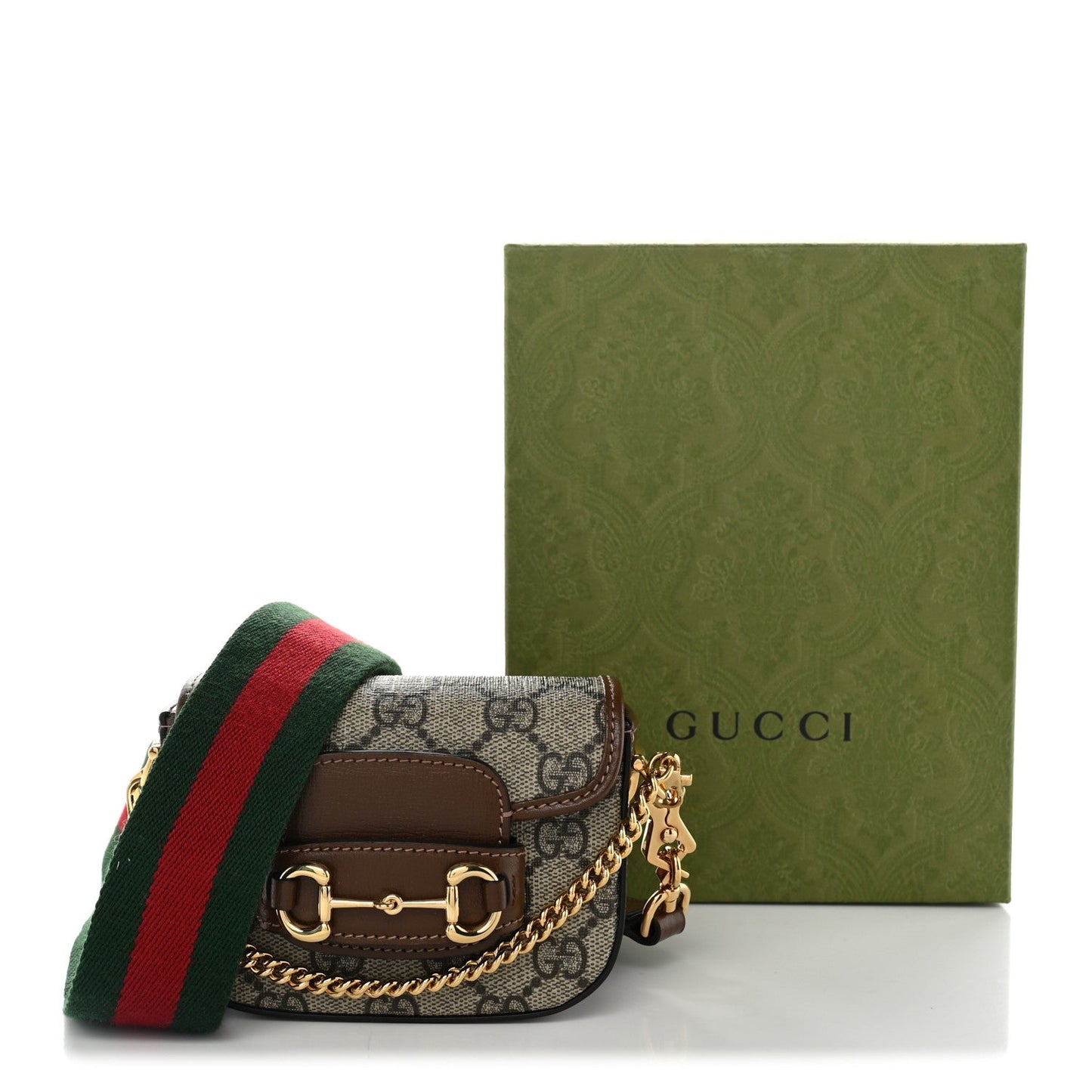 GG Supreme Monogram Azalea Calfskin Web Horsebit 1955 Wallet On Strap Beige Ebony Brown Sugar