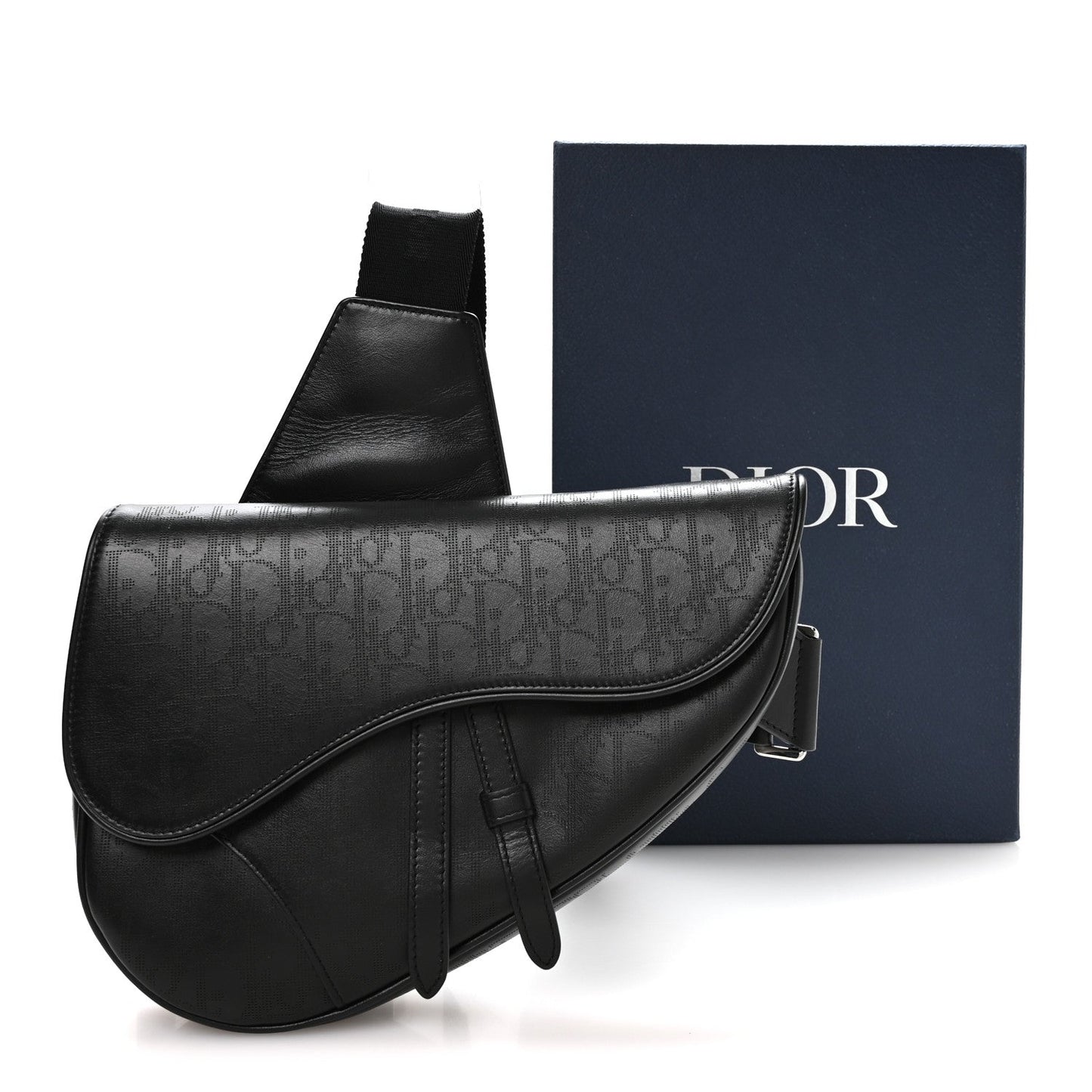 Calfskin Perforated Oblique Galaxy Mens Saddle Bag Black