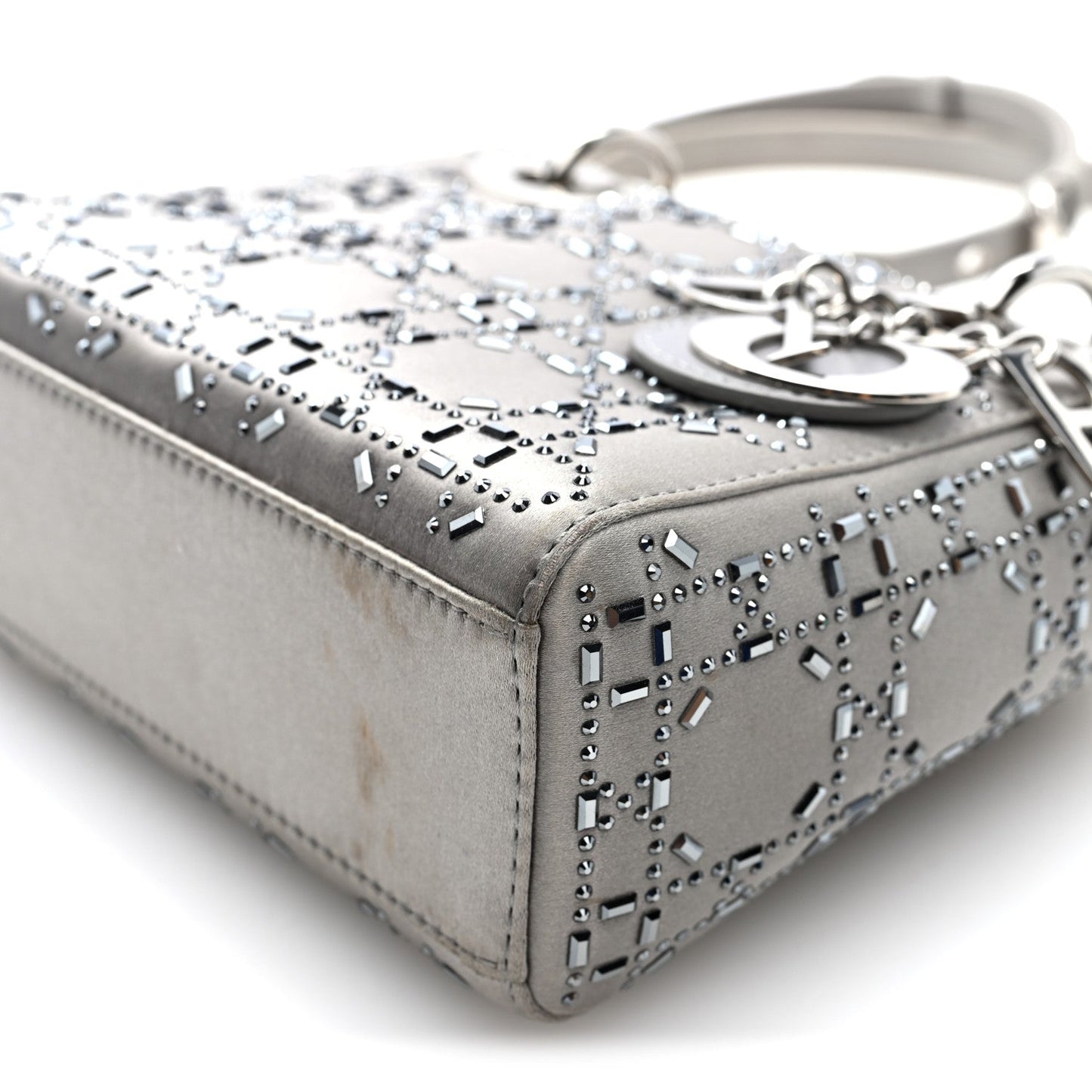Satin Crystal Cannage Mini Lady Dior Gray