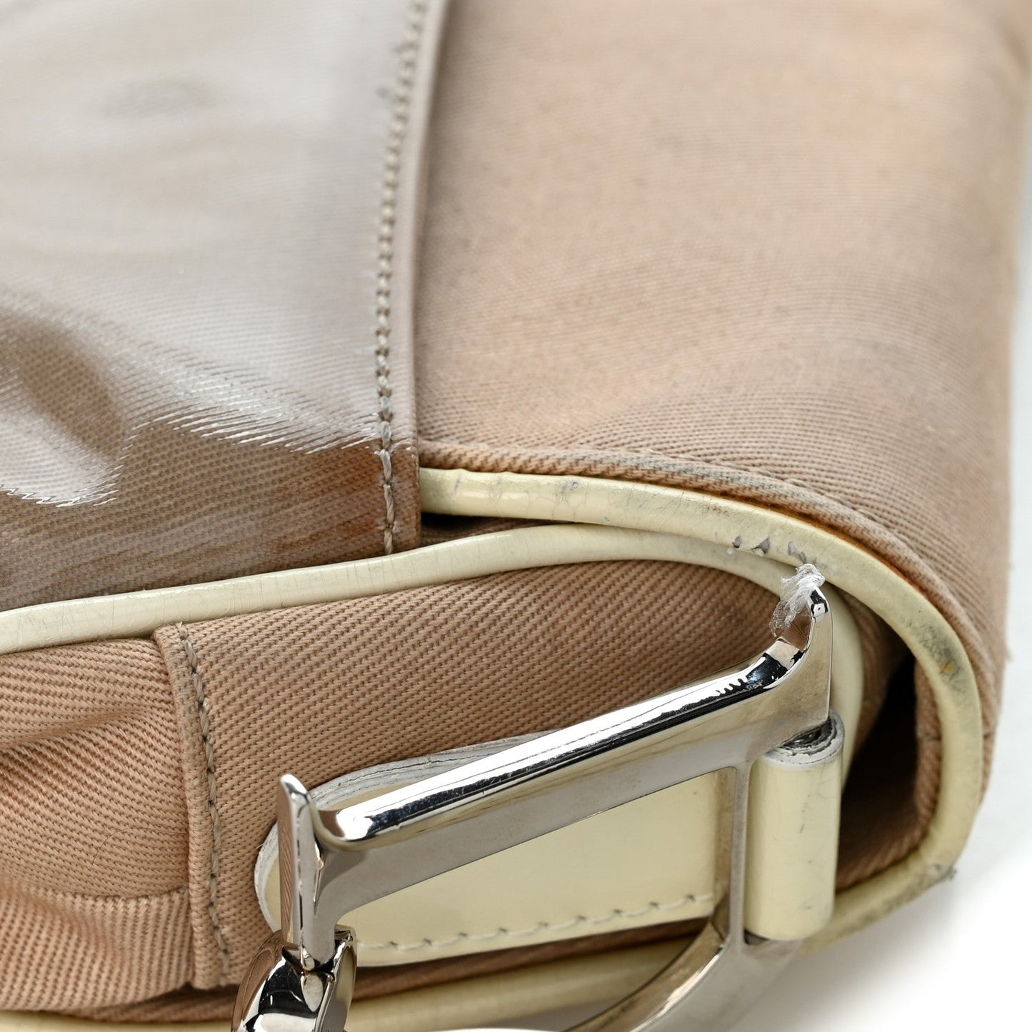 Canvas Patent Calfskin Saddle Bag Beige