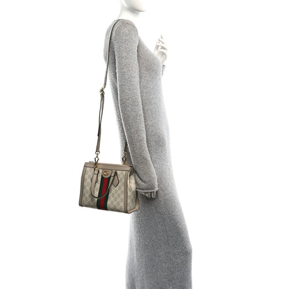 GG Supreme Monogram Textured Dollar Calfskin Web Small Ophidia Tote Bag Beige Mystic White Oatmeal