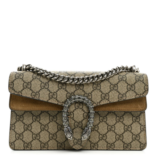 GG Supreme Monogram Suede Crystal Small Dionysus Shoulder Bag Beige Ebony Taupe