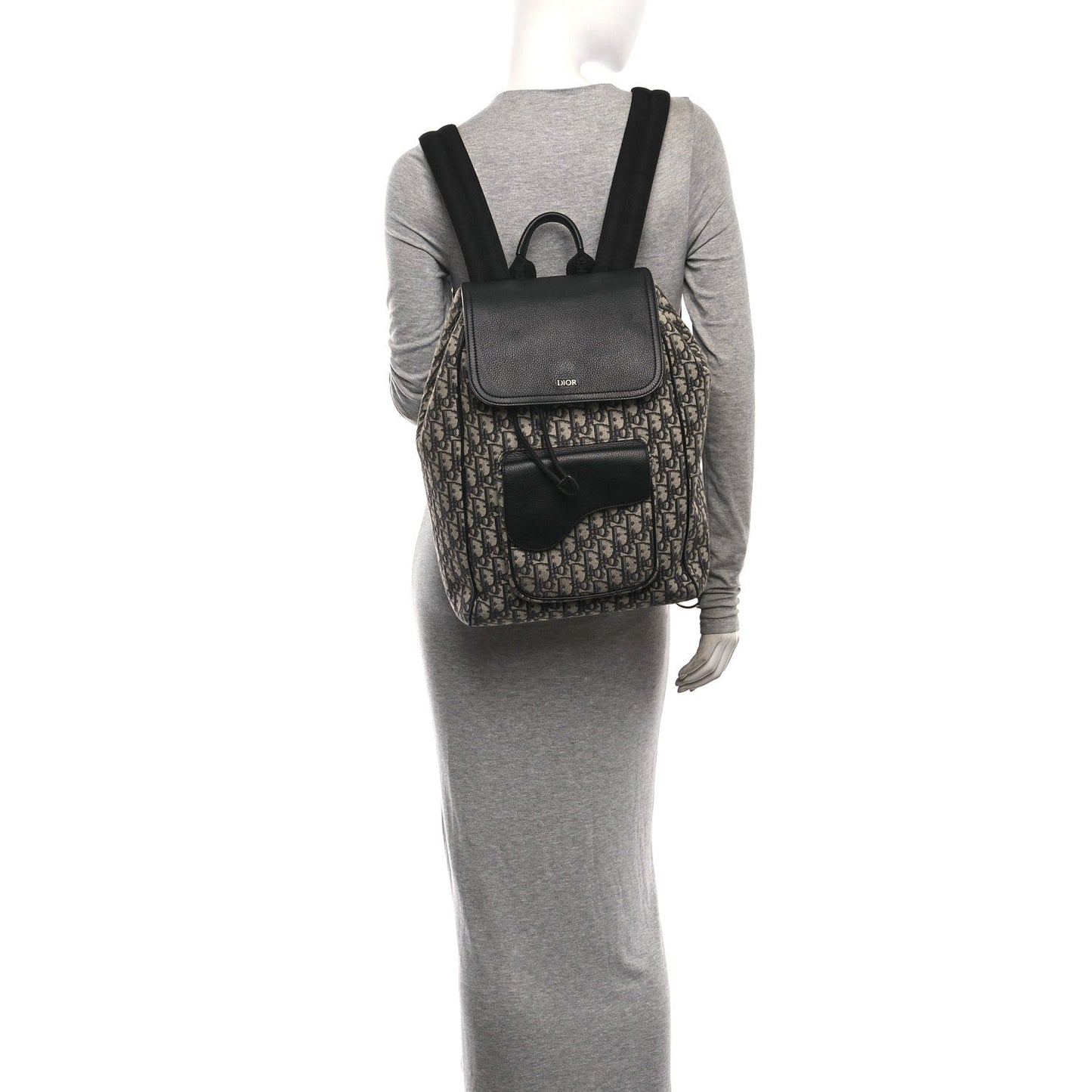 Oblique Jacquard Grained Calfskin Drawstring Saddle Backpack Beige Black