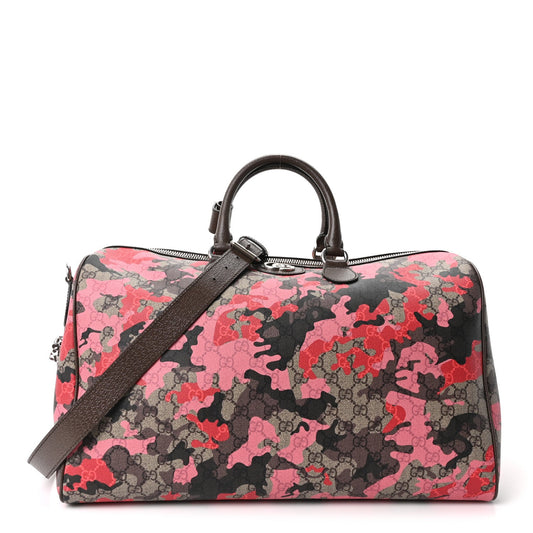 GG Supreme Monogram Camouflage Textured Dollar Calfskin Medium Savoy Duffle Bag Beige Pink Red
