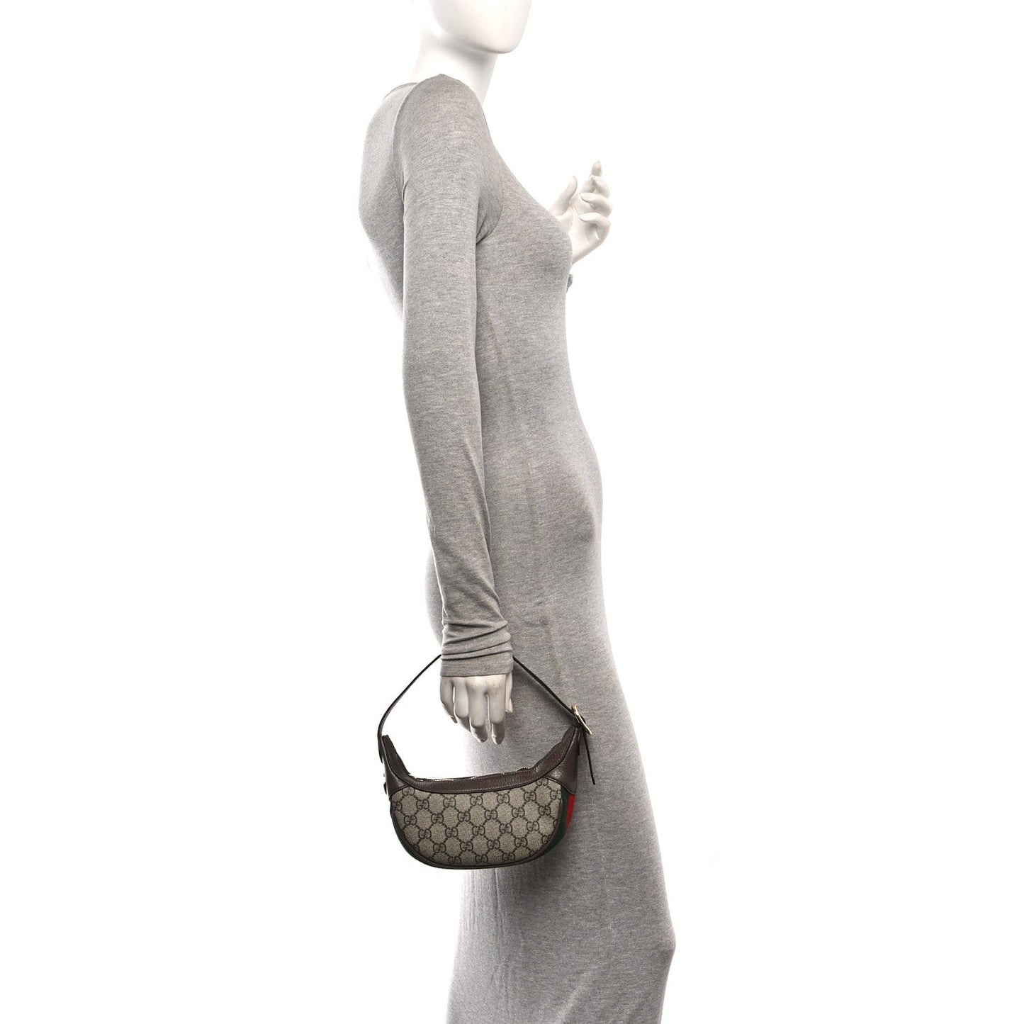 GG Supreme Monogram Textured Calfskin Web Mini Ophidia Half Moon Hobo Beige Ebony New Acero