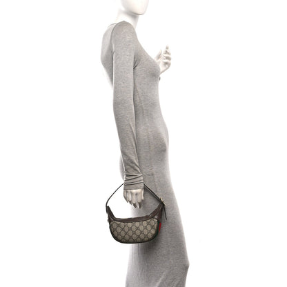 GG Supreme Monogram Textured Calfskin Web Mini Ophidia Half Moon Hobo Beige Ebony New Acero