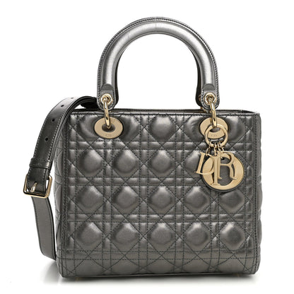 Metallic Calfskin Cannage Medium Lady Dior Gunmetal Grey