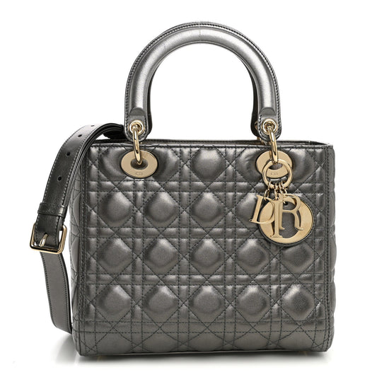Metallic Calfskin Cannage Medium Lady Dior Gunmetal Grey