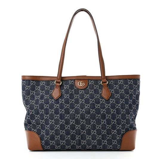 New Denim GG Monogram Medium Ophidia Shopping Tote Blue Tea Cuir
