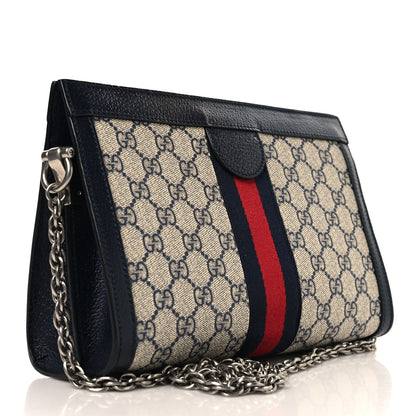 GG Supreme Monogram Textured Dollar Calfskin Web Small Ophidia Chain Shoulder Bag Beige Blue