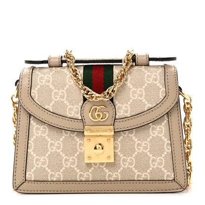 GG Supreme Monogram Textured Dollar Calfskin Web Mini Ophidia Padlock Top Handle Chain Shoulder Bag Beige Mystic White Oatmeal