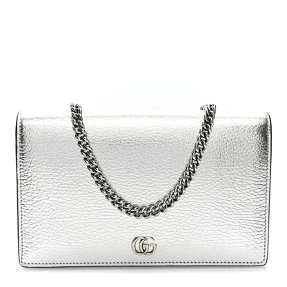 Metallic Dollar Calfskin Mini GG Marmont Chain Wallet Silver
