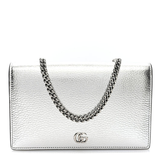 Metallic Dollar Calfskin Mini GG Marmont Chain Wallet Silver