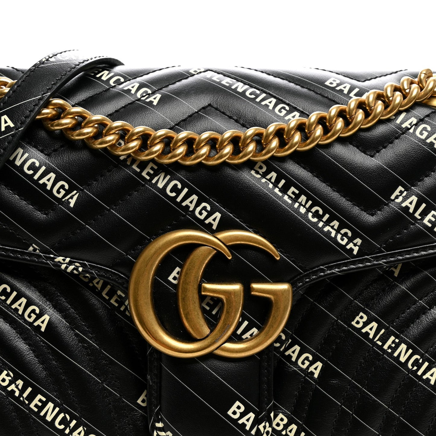X BALENCIAGA Calfskin Matelasse Logo Print Small GG Marmont Shoulder Bag Black
