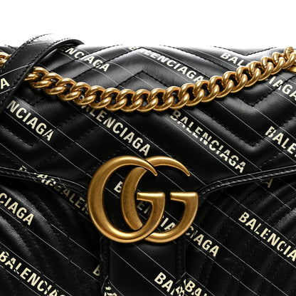 X BALENCIAGA Calfskin Matelasse Logo Print Small GG Marmont Shoulder Bag Black