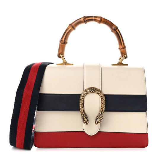 Calfskin Bamboo Web Medium Dionysus Top Handle Bag White Blue Hibiscus Red