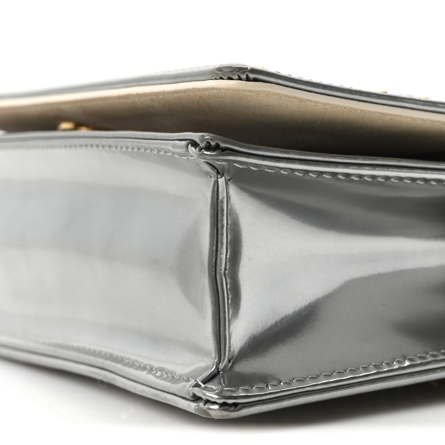 Metallic Patent Studded Diorama Top Handle Wallet on Chain Pouch Silver