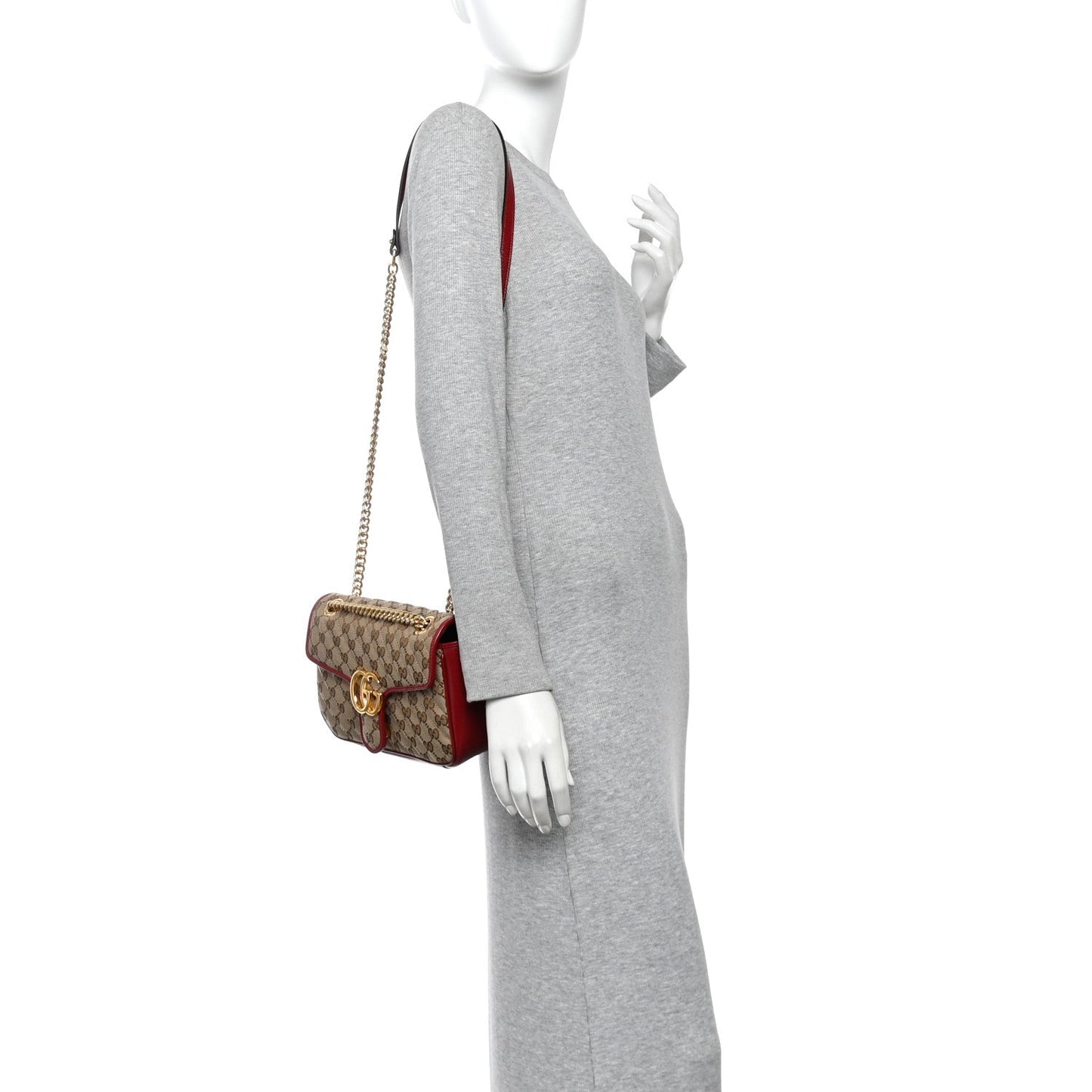 Monogram Azalea Calfskin Matelasse Diagonal Small GG Marmont Shoulder Bag Beige Ebony New Cherry Red