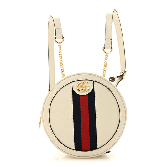 Textured Calfskin Web Mini Ophidia Round Backpack Mystic White
