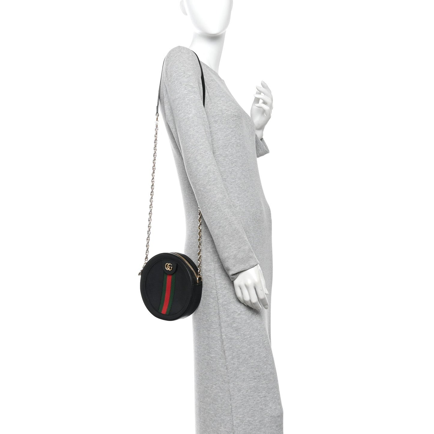 Grained Calfskin Web Mini Ophidia Round Shoulder Bag Black