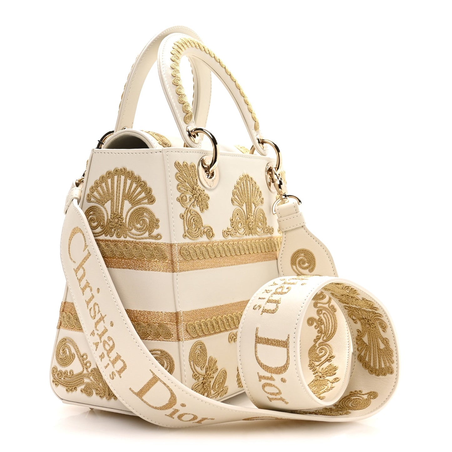 Calfskin Embroidered Medium Lady D-Lite White Gold