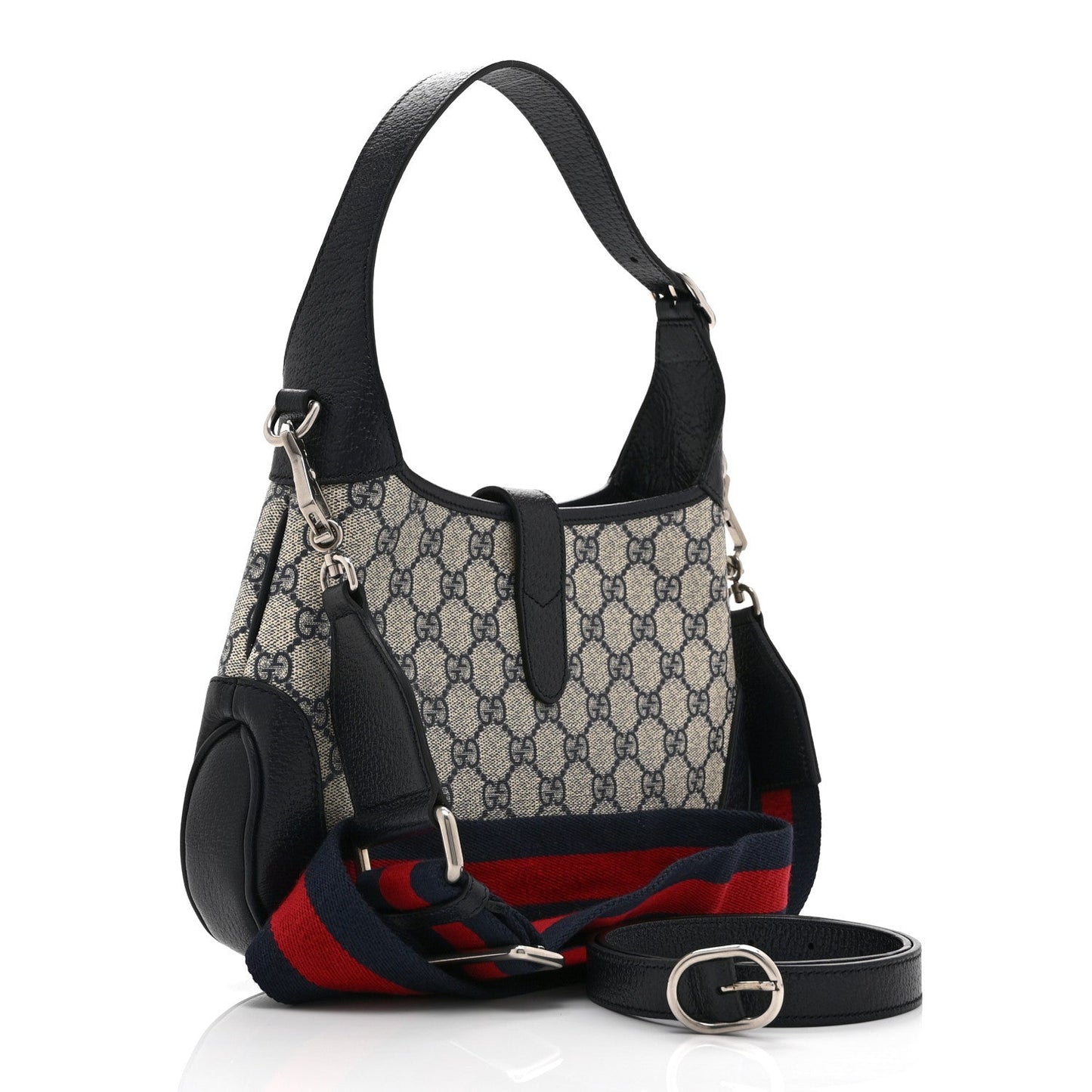 GG Supreme Monogram Textured Dollar Calfskin Web Small Jackie 1961 Hobo Beige Blue
