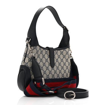 GG Supreme Monogram Textured Dollar Calfskin Web Small Jackie 1961 Hobo Beige Blue
