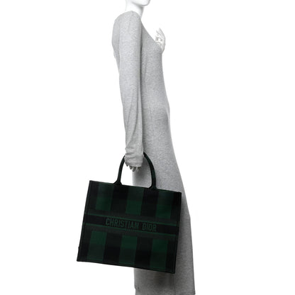 Canvas Embroidered Checkered Book Tote Black Green