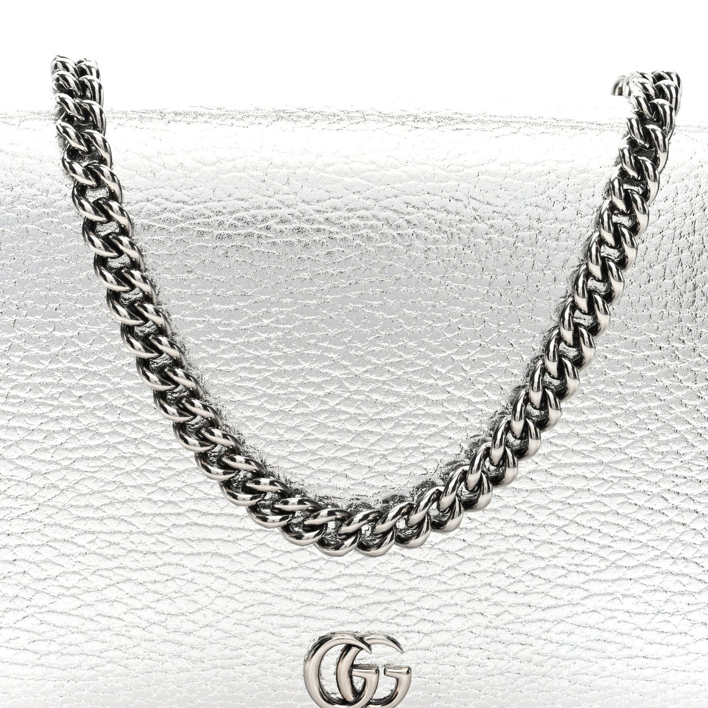 Metallic Dollar Calfskin Mini GG Marmont Chain Wallet Silver