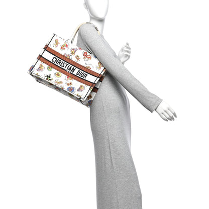 Canvas Embroidered Dragon Zodiac Medium Book Tote White Multicolor