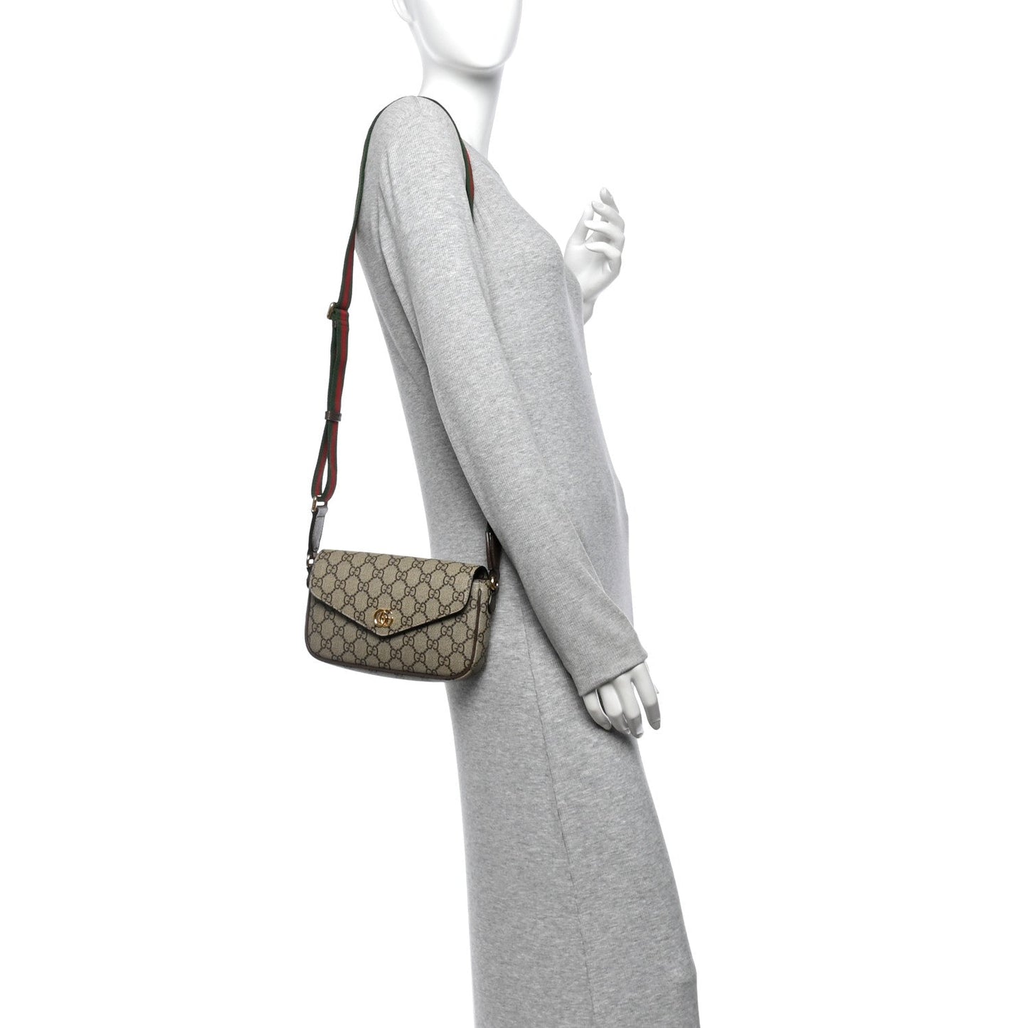 GG Supreme Monogram Textured Dollar Calfskin Web Mini Ophidia Envelope Shoulder Bag Beige Ebony